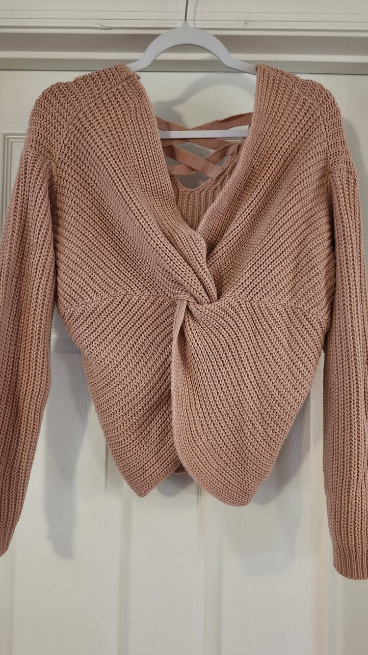 No Boundaries Juniors L 11-13 Twist Knot Open Back Knit Sweater Rose Pink #359